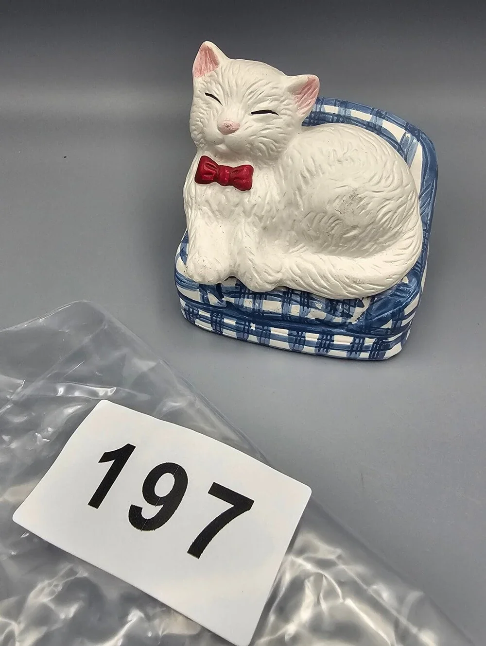 Vintage Ceramic Cat on Blue Plaid Chair Salt and Pepper Shaker Set